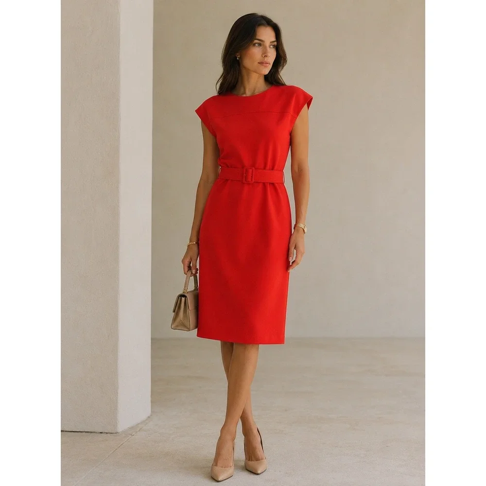 Calvin Klein Belted Sheath Dress Women 2 Orange NEW CD2C1F2W Short Sleeve